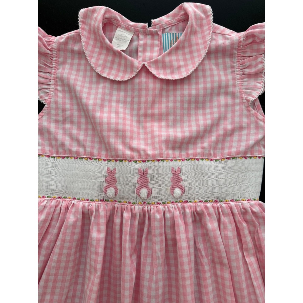 Southern Sunshine Smocked Bunny Dress Girls Size 7 Pink Gingham Short‎ Sleeve